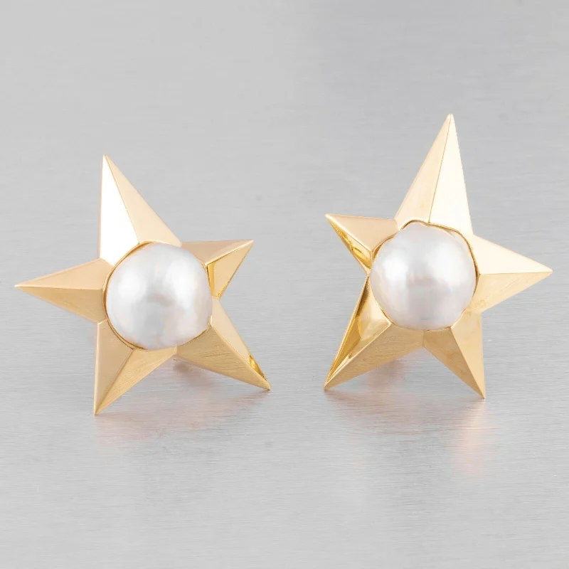 Silk cord earrings-Pedro Boregaard 18k Yellow Gold Pearl Moon & Star Clip-on Earrings RETAIL $9,900