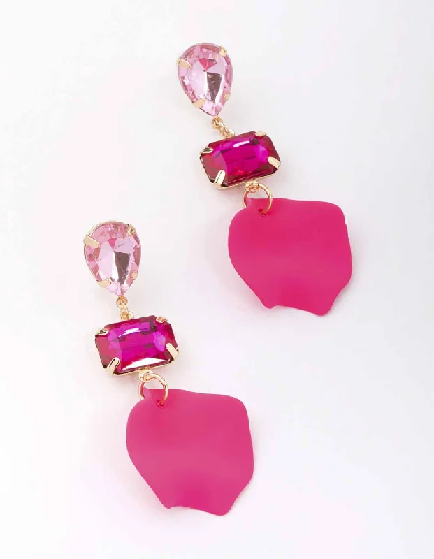 Topaz stud earrings-Pink Pear & Rectangle Diamante Petal Drop Earrings