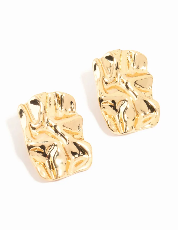 Bead weave earrings-Gold Plated Molten Rectangle Stud Earrings