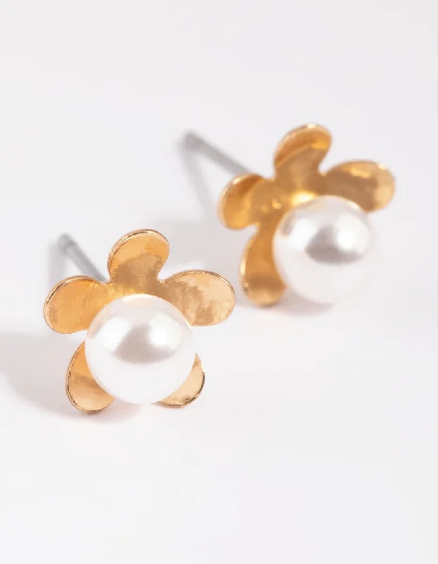 Simple cross earrings-Gold Pearl & Flower Stud Earrings