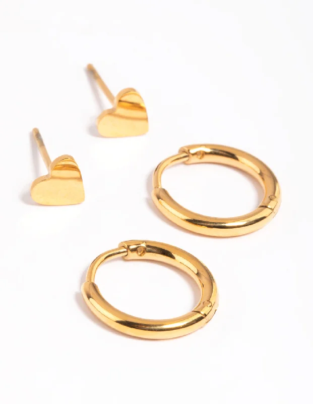 Textured disc earrings-Gold Plated Surgical Steel Heart Stud Earring Set