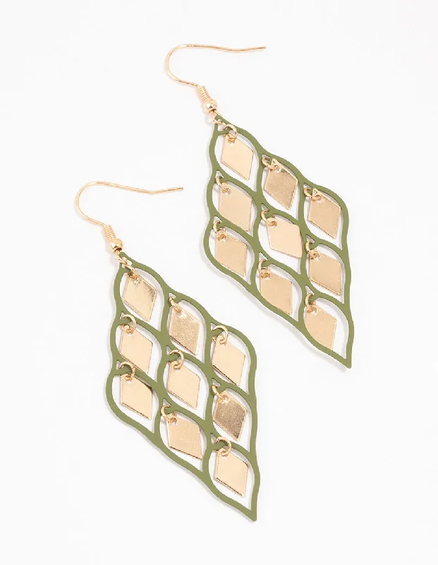 Smooth drop earrings-Gold & Green Diamond Cut Out Drop Earrings