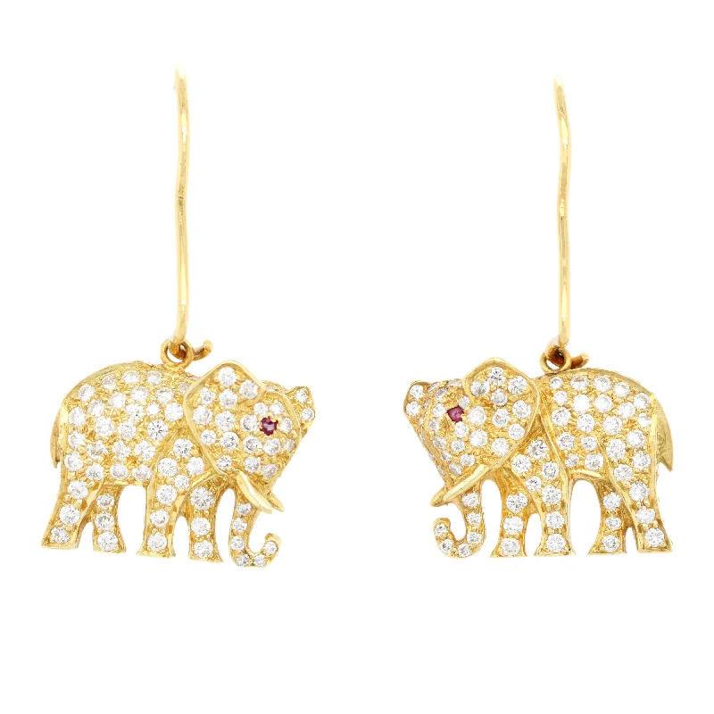 Retro clip earrings-Vintage 1.50ctw Diamond & Ruby Eyed Elephant Dangle Earrings in 18k Yellow Gold