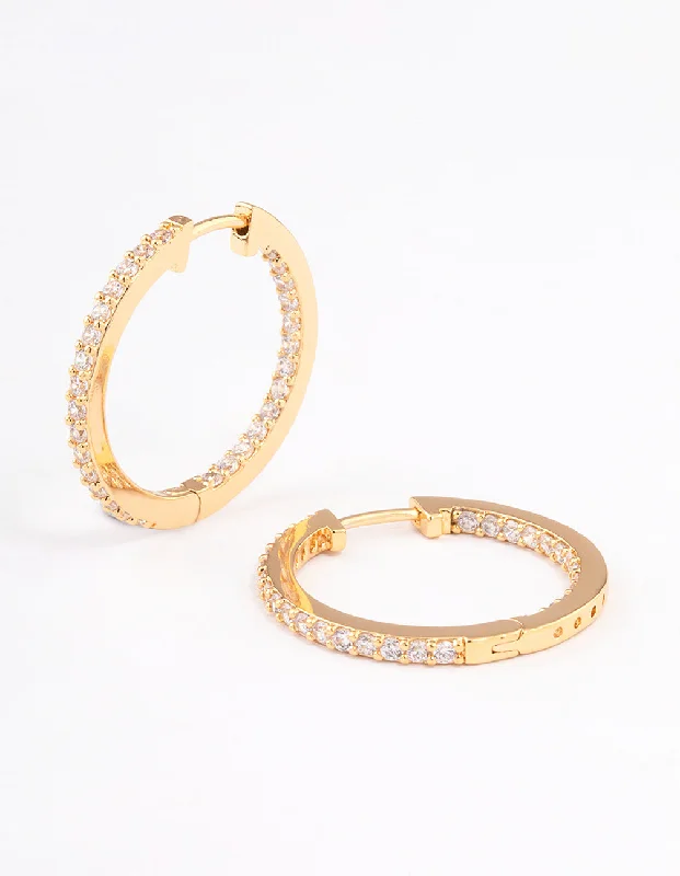 Leaf motif earrings-Gold Plated Brass Cubic Zirconia Pave Huggie Earrings