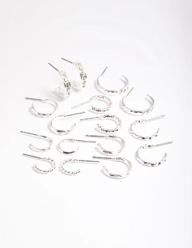 Polished bead earrings-Silver Mixed Diamante Hoop Earrings 8-Pack