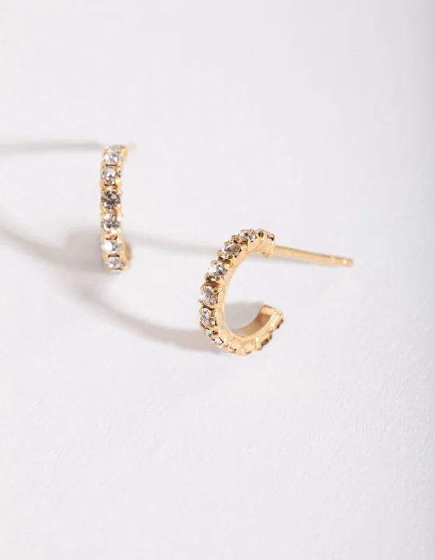 Sleek gem earrings-Gold Plated Sterling Silver Mini Cubic Zirconia Open Hoop Earrings