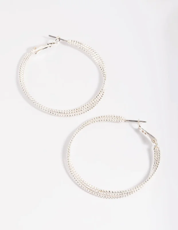 Thick bar earrings-Silver Textured Criss Cross Hoop Earrings