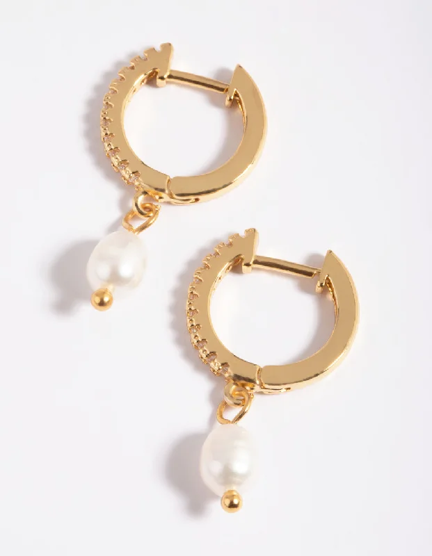 Spinel earrings-Gold Plated Brass Cubic Zirconia Pearl Huggie Hoop Earrings