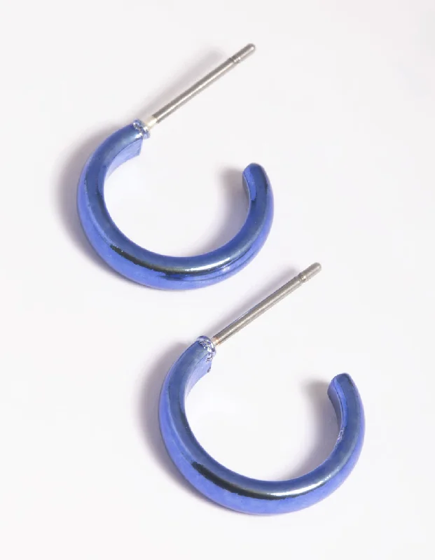 Swirl shape earrings-Matte Blue Metallic Huggie Hoop Earrings