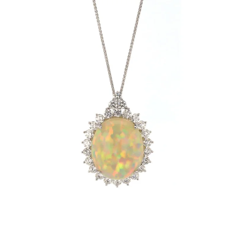 Flat knot necklaces-Oval Opal & Diamond Halo Pendant Necklace