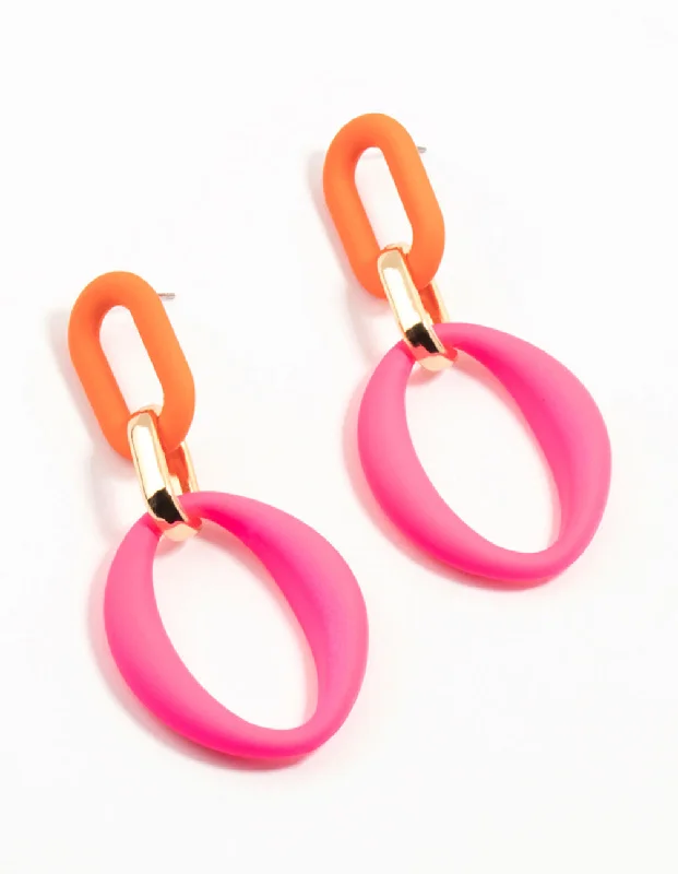 Aged bronze earrings-Pink & Orange Coated Metal Link Drop Earrings