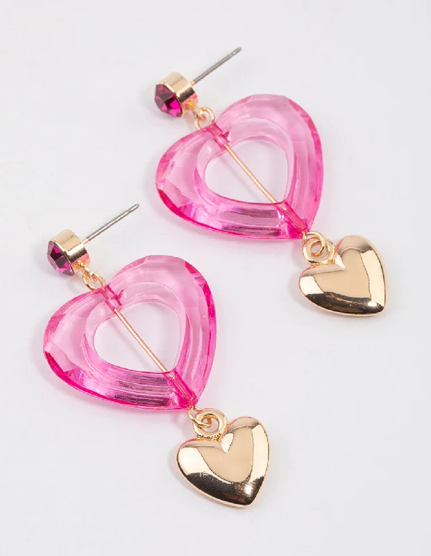 Victorian style earrings-Pink Open Acrylic Heart Drop Earrings