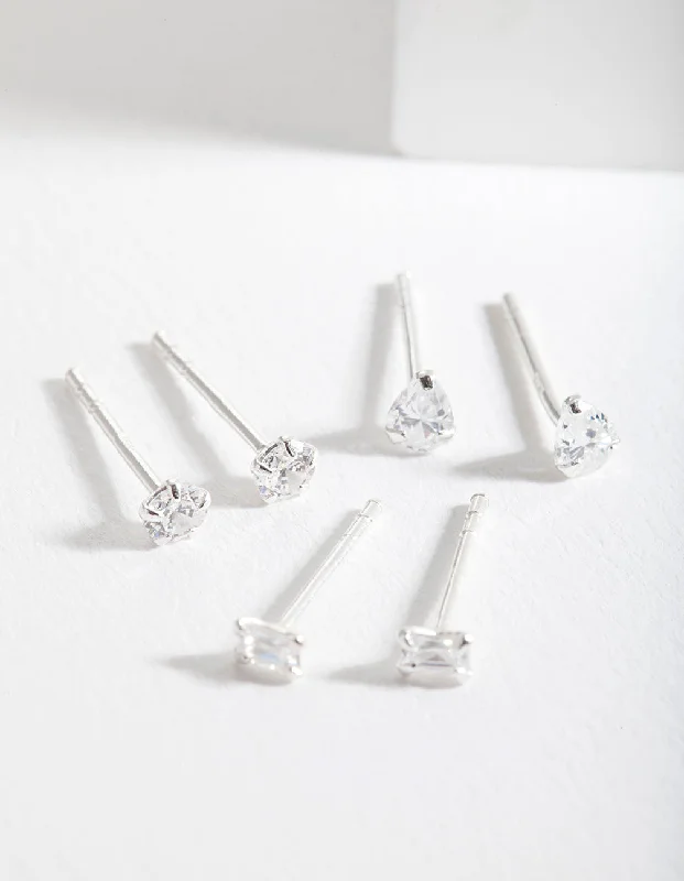 Aged medallion earrings-Sterling Silver Mini Cubic Zirconia Stud Earring Pack