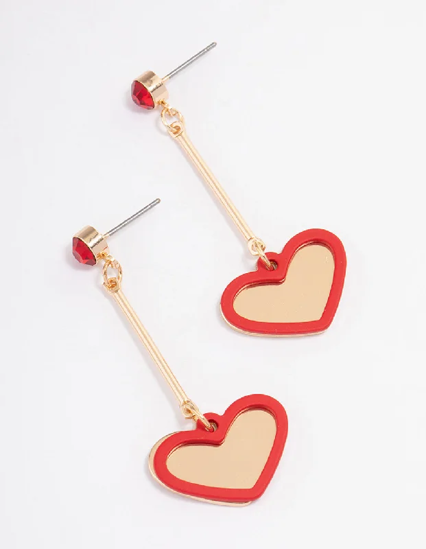 Fine star earrings-Red Diamante Heart Drop Earrings