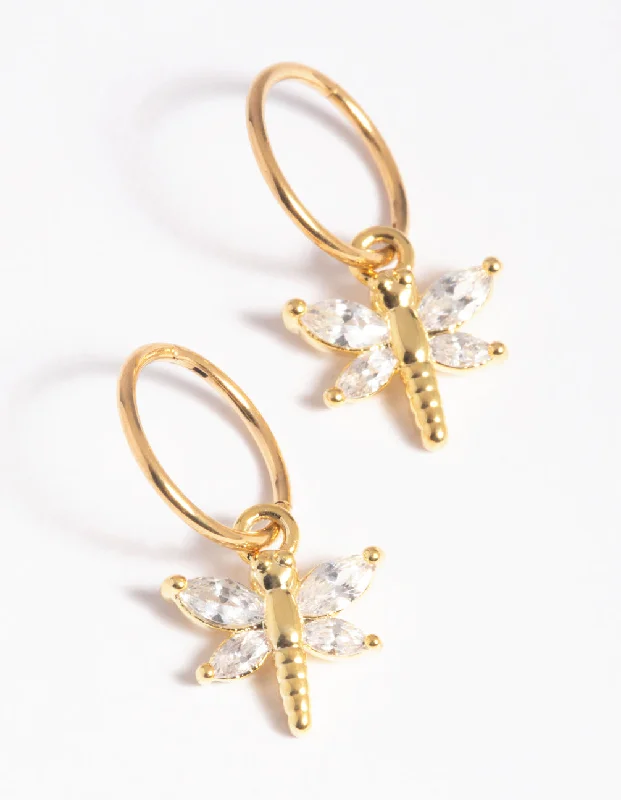 Vibrant enamel earrings-Gold Plated Surgical Steel Cubic Zirconia Dragonfly Hoop Earrings