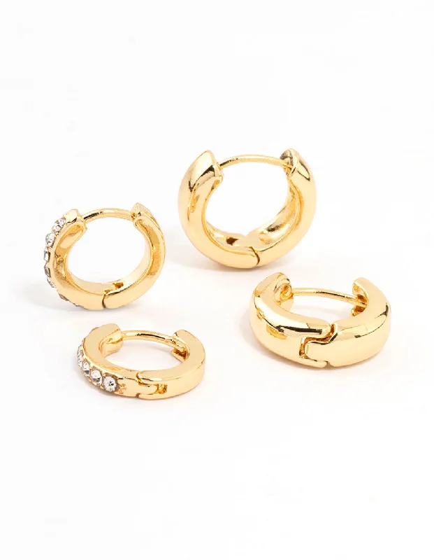 Light clay earrings-Gold Plated Diamante & Plain Huggie Earrings 2-Pack