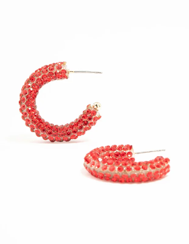 Cotton cord earrings-Red Diamante Jelly Hoop Earrings