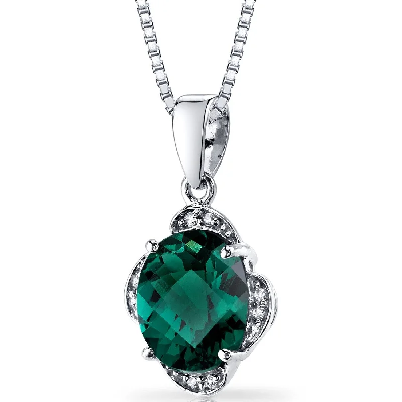 Oval shape necklaces-14k White Gold 2.5 ct Created Emerald and Diamond Pendant Necklace