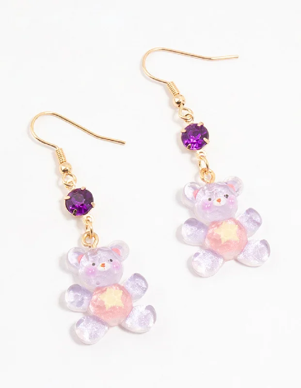 Flat badge earrings-Purple Acrylic Diamante Glitter Teddy Bear Drop Earrings