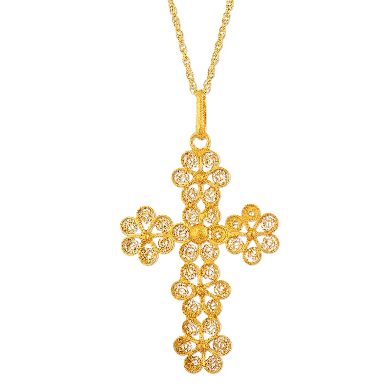 Spiral knot necklaces-Novica Handmade Cross Of Flowers Gold Plated Cross Necklace