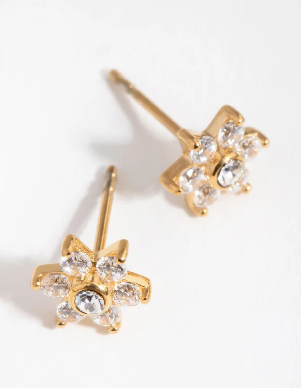 Alloy metal earrings-24 Carat Gold Plated Surgical Steel Cubic Zirconia Flower Stud Earrings