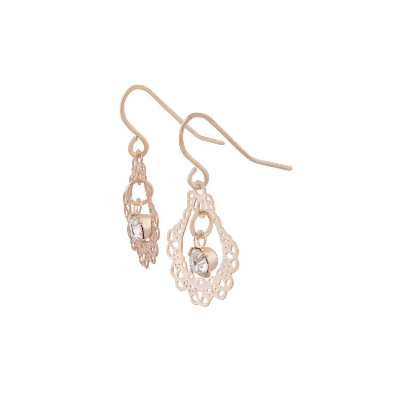 Stellar glow earrings-Ornate Rose Gold Drop Earrings With Centre Diamante