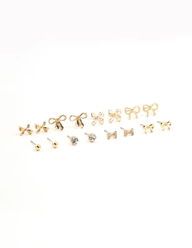 Pure crystal earrings-Gold Diamante Mixed Bow Earrings 8-Pack