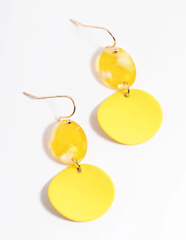 Woven thread earrings-Yellow Wrapped Disc & Bead Drop Earrings