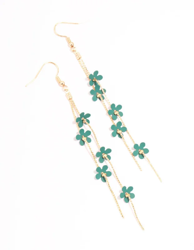 Topaz stud earrings-Blue Flower Chain Gold Drop Earrings