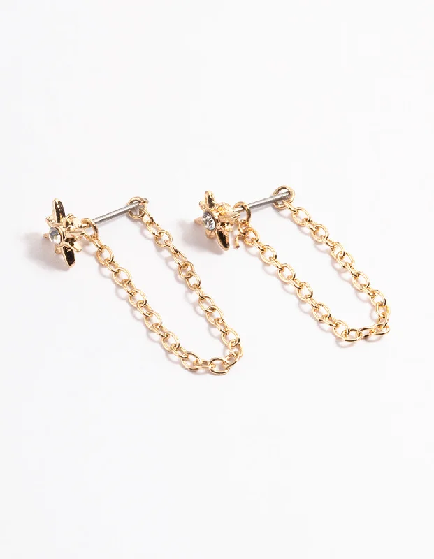 Smooth drop earrings-Gold Chain Front & Back Stud Earrings