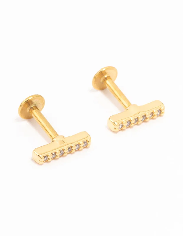 Bright stud earrings-Gold Plated Surgical Steel Cubic Zirconia Bar Flat Backs 2-Pack