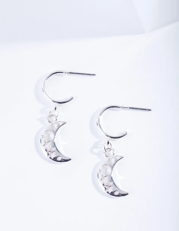 Twine bead earrings-Silver Cut-Out Moon Hoop Earrings