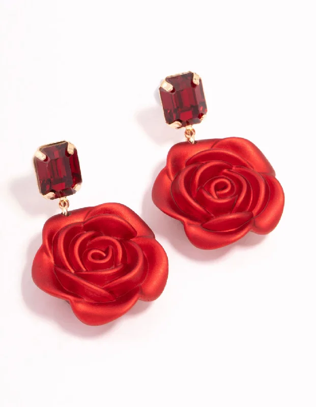 Wide tier earrings-Red Diamante & Rose Acrylic Drop Earrings