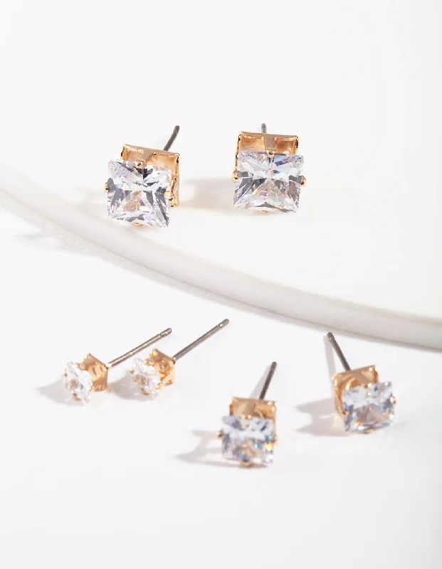 Wide statement earrings-Gold Square Cut Diamante Stud Pack