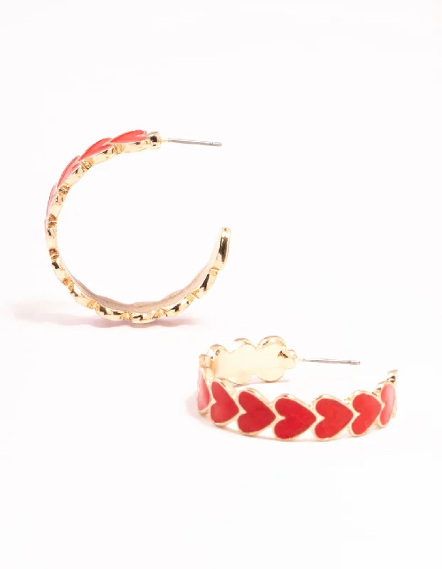 Surf motif earrings-Red Heart Enamel Hoop Earrings