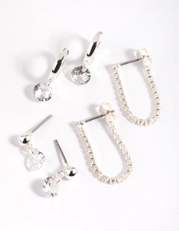 Flat knot earrings-Silver Plated Brass  Cubic Zirconia Earring Stack 6-Pack