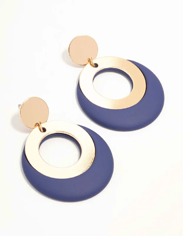 Thin bead earrings-Gold & Blue Acrylic Disc & Circle Drop Earrings