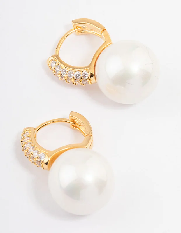 Playful pair earrings-Gold Plated Large Pearl Drop Cubic Zirconia Huggie Earrings