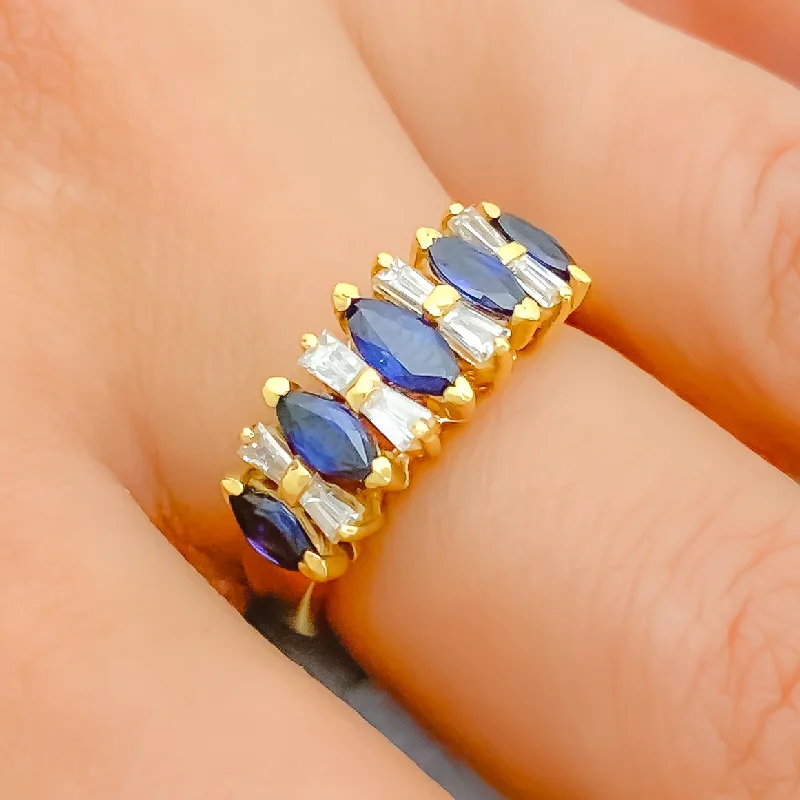 Victorian style engagement rings-Striking Diamond + Sapphire + 18k Gold Marquise Ring