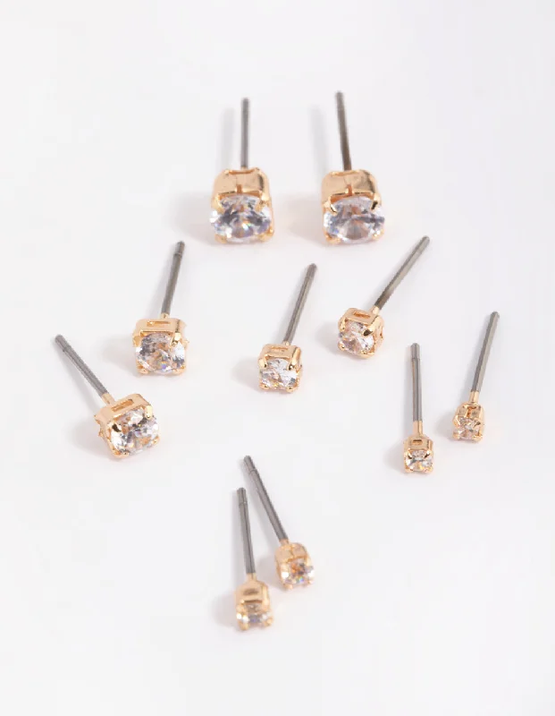 Tiered drop earrings-Gold Diamante Stud Earring 5-Pack