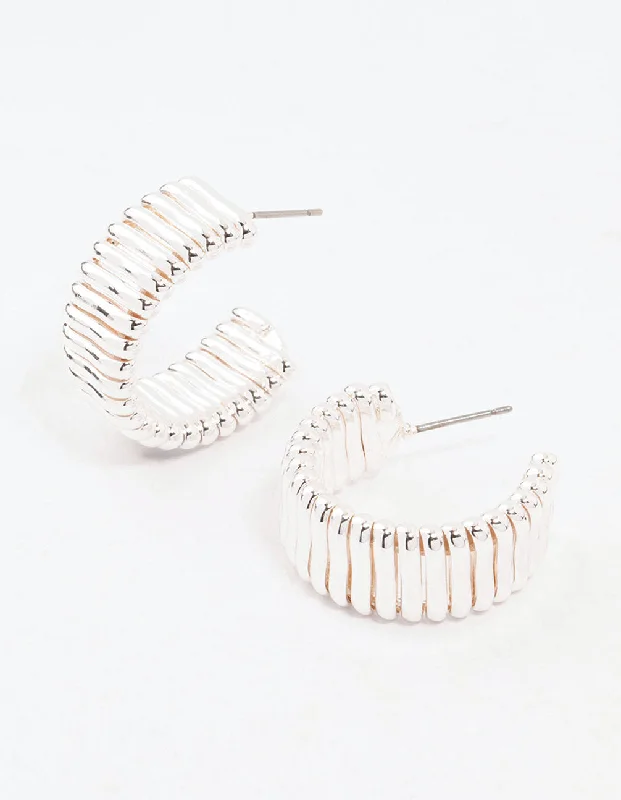 Dove feather earrings-Silver Plated Wide Ribbed Hoop Earrings