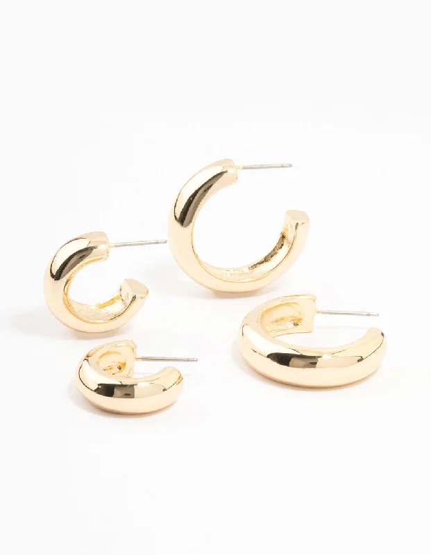 Shiny gold earrings-Gold Plated Chunky Hoop Earrings 2-Pack