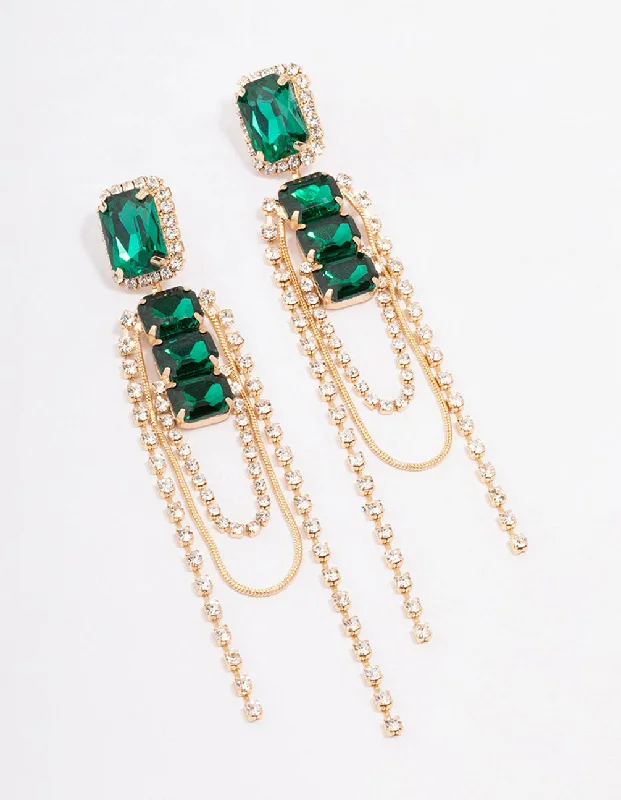 Swirl shape earrings-Gold Double Emerald Stone Drop Earrings