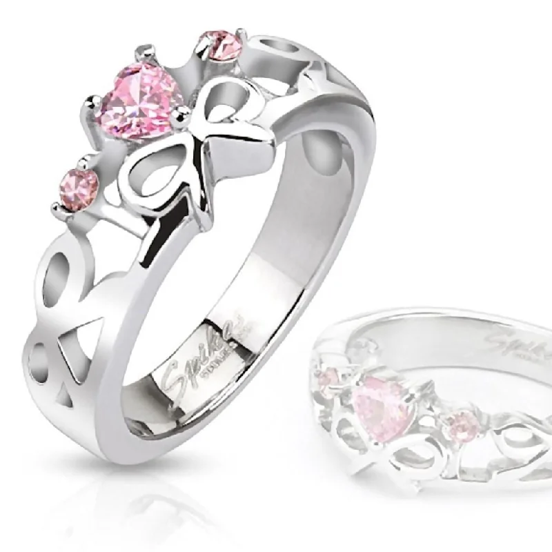 Open frame engagement rings-Evelyn Pink Sapphire Ice on Fire CZ 316 Stainless Steel Ribbon Ring