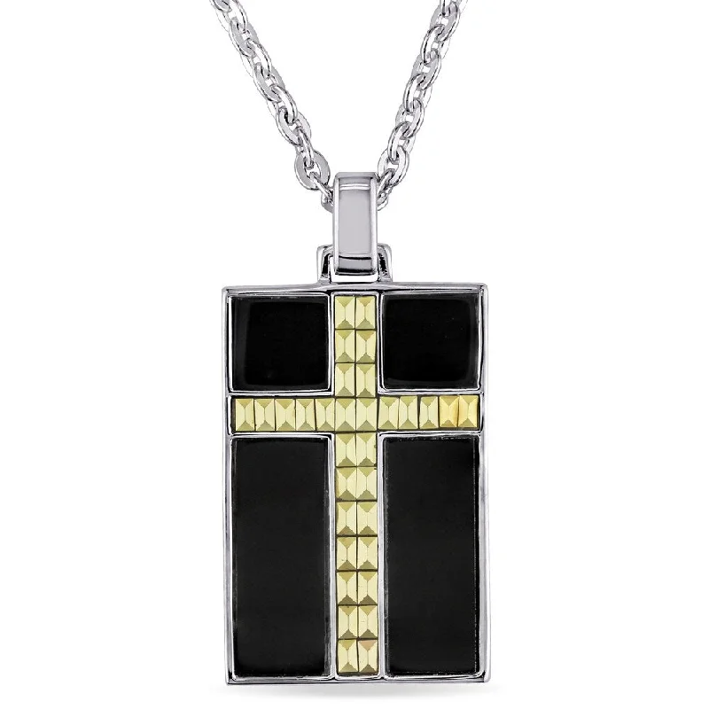 Thick link necklaces-Miadora 2-Tone White and Yellow Plated Sterling Silver Black Enamel Cross Dangle Necklace