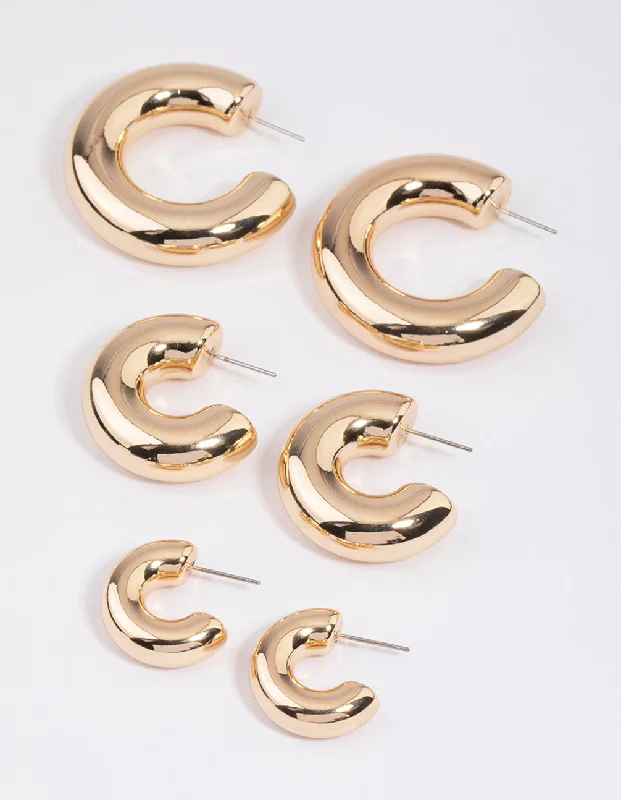 Layered tier earrings-Gold Thick Smooth Hoop Earrings Pack