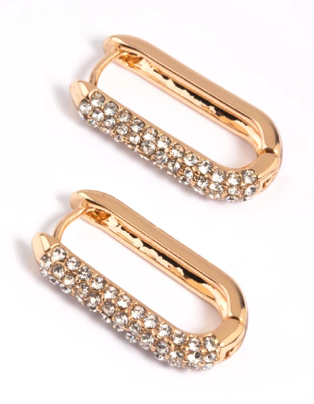 Tide design earrings-Gold Diamante Oval Huggie Hoop Earrings