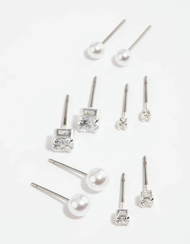 Flat knot earrings-Silver Diamante Stud Earring 5-Pack