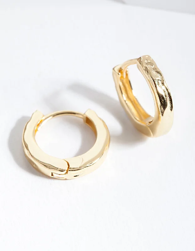 Bamboo style earrings-Gold Plated Sterling Silver Textured Huggie Earrings