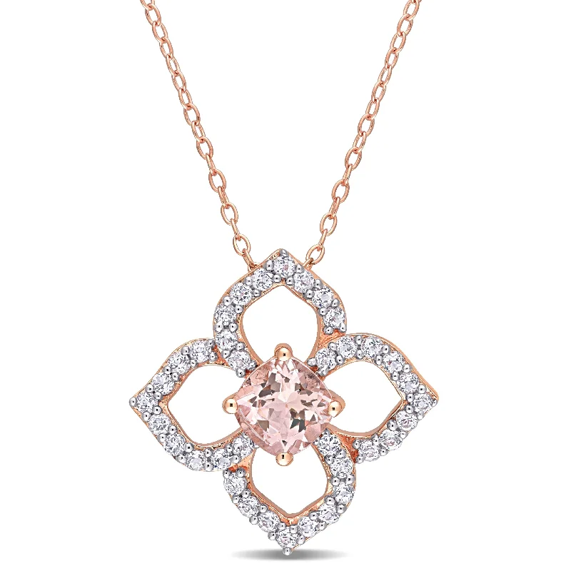 Onyx gem necklaces-Miadora Cushion Morganite and White Topaz Quatrefoil Floral Necklace in Rose Plated Sterling Silver